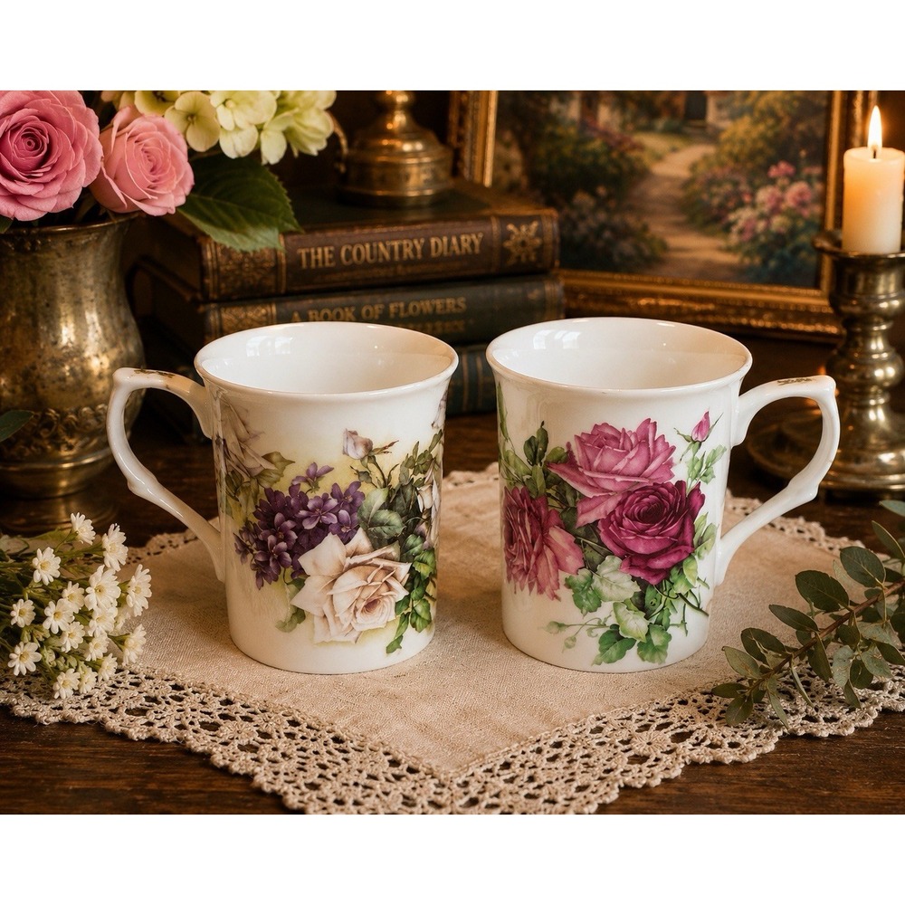 Stechcol Gracie Bone China Floral Mugs Set of 2 Roses Purple Flowers 4.5"